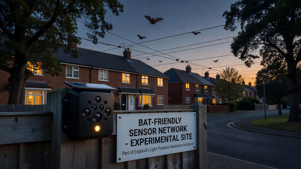Close-up of ultrasonic bat sensor mounted on residential fence post with LED street light in background